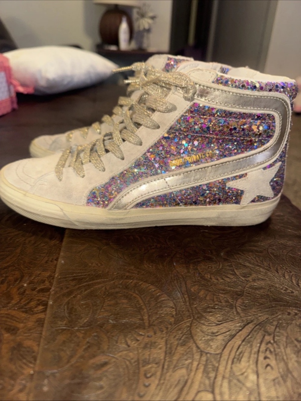 Golden Goose Slide Mid-Top Glitter Multicolor Sneakers Size 37
